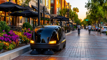 Fototapeta premium Autonomous Street Sweeper Navigating Car-Free Urban Plaza at Golden Hour