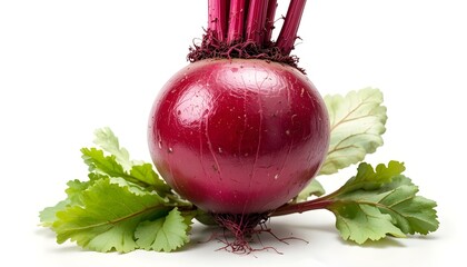 A beautiful, fresh red beetroot with green leaves stands erect, ready for a nutritious meal.  Isolated on a clear background, transparent PNG