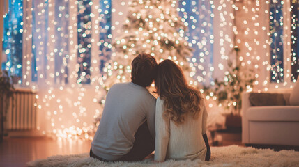 A couple sitting together, enjoying the warmth of the holiday season surrounded by twinkling lights and a Christmas tree.
