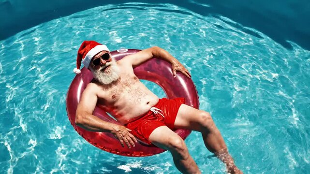 man wearing santa hat on tube drifting in crystalline pool water, sunlight ripples across turquoise surface, red trunks and sunglasses convey carefree holiday humor, aerial viewpoint emphasizes.