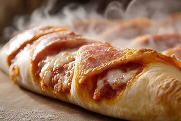 Pepperoni and cheese calzone with a close-up focus on the texture and steam, set against an isolated, pure background for studio lighting.