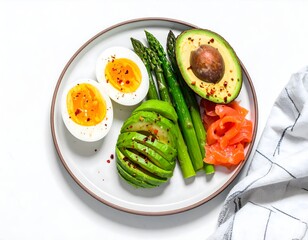 High Protein Savory Breakfast Flat Lay with Soft Boiled Eggs Smoked Salmon and Avocado