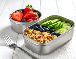 Open Stainless Steel Bento Box with Healthy Quinoa Salad and Fresh Berries
