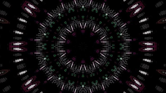 Futuristic pixel light motion creating a symmetrical visual effect in a digital space.