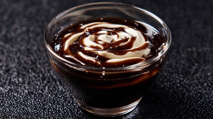 Close up of glossy Japanese coffee jelly cream swirl in glass placed against black textured background