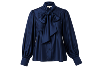 Elegant dark blue satin blouse with a large bow tie neck isolated with transparent background