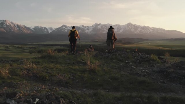 Two young active trekkers approach the edge of a cliff and look at the panorama of the high Altai Mountains at sunset. The spirit of adventure, hiking, summer travel in the wild nature