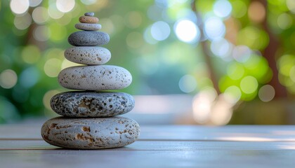 Obraz premium Stack of zen stones with soft green background.