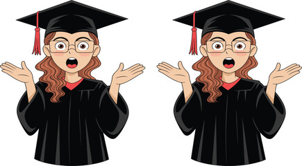 Surprised female graduate student characters vector illustration set, wearing academic gown and cap, expression of shock or excitement for educational achievement and success
