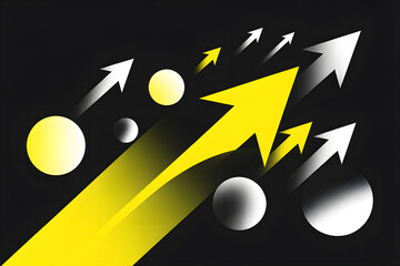 Abstract geometric composition with black background large yellow arrows circles scattered white accents high resolution