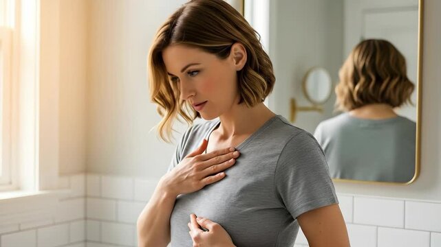 Woman performing a self chest examination with concerned and pensive expressions for health check and disease prevention.