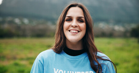 Portrait, volunteer or woman in nature with smile for environmental outreach, charity or...