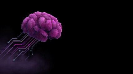 Futuristic digital brain design with vibrant purple color and circuit lines representing artificial intelligence and technology advancement in a modern setting