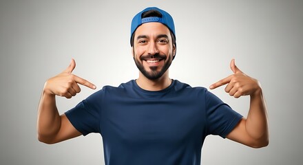 Naklejka premium Confident young man in a blue tshirt and cap pointing to himself, smiling broadly and showing pride or ownership