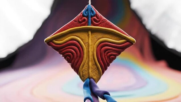 Colorful Clay Kite Against Abstract Mountain Backdrop.