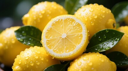 Close up of ripe dewy lemons with a sliced lemon and glossy leaves