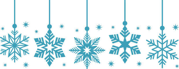 Blue hanging snowflake vector illustration set, elegant flat winter christmas decoration elements, frozen ice crystal pattern for holiday backgrounds and banners