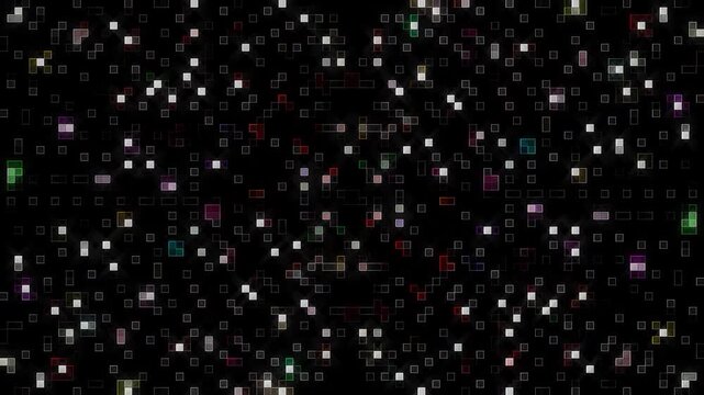 Futuristic digital particles forming scattered light squares in continuous motion.