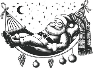 Black and white Santa Claus sleeping in a hammock with stars and moon, cozy Christmas holiday celebration relaxation break engraved vector illustration