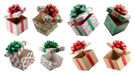 PNG Festive gift boxes with bows, element set on transparent background