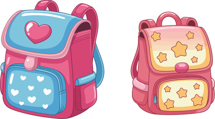 Cute pink and blue school backpacks vector illustration set, adorned with hearts and stars, adorable bags for primary school children accessories
