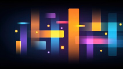 Abstract colorful geometric pattern with glowing rectangles and squares in vibrant hues against a dark background for modern design concepts