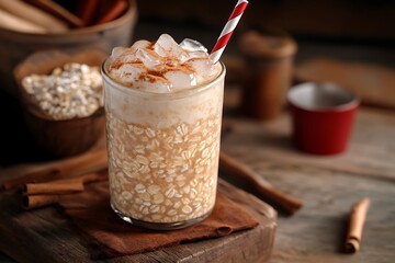 Refreshing oat drink served with ice, topped with a sprinkle of cinnamon, and accented by a trendy red and white straw in a cozy setting.
