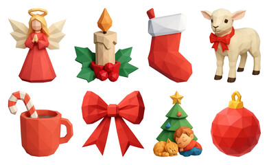 Obraz premium PNG Festive low-poly Christmas icons, element set on transparent background