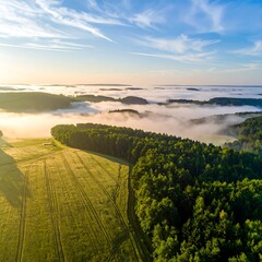 Obraz premium Aerial view of a field meeting forest with fog-filled valleys under a bright dawn sky