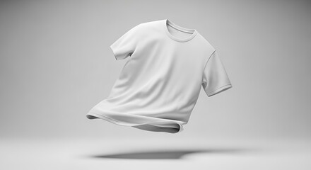 A pristine white tshirt floats effortlessly in midair against a subtle light grey backdrop, perfect for custom designs and branding