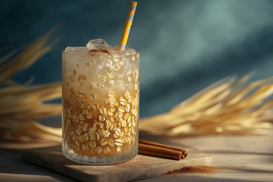 Refreshing oat drink served over ice with a hint of cinnamon and a playful straw perfect for sunny afternoons.