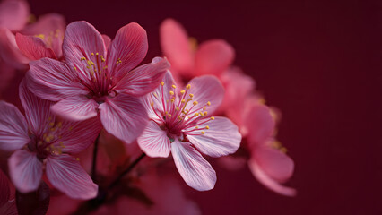 Vibrant Pink Cherry Blossoms in Full Bloom Against a Deep Red Background with Copy Space