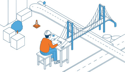 Isometric engineer working on bridge construction project plans at a desk, wearing safety helmet, civil ngineering, architecture, and transportation infrastructure vector illustration