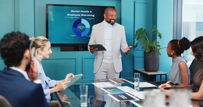 Fototapeta Tablet, presentation and hr manager in office with team for mental health and employee wellbeing. Digital technology, discussion and African businessman with human resources workshop in workplace.