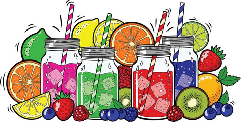 Colorful Fruit Juices and Refreshing Drinks Surrounded by Fresh Produce	