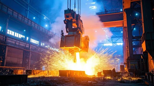 A molten metal pour at a steel mill, capturing fiery sparks, smoke, and industrial infrastructure