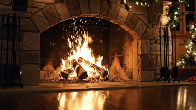 Cozy indoor fireplace with crackling fire and christmas decorations creating warm atmosphere