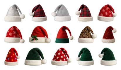 PNG Festive Santa hats variety collection, element set on transparent background