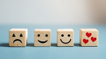Four brown wooden blocks with cartoon faces and symbols representing emotions like sadness, happiness, and love,