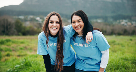 Portrait, volunteers and women in nature with hug for environmental outreach, charity and NGO...