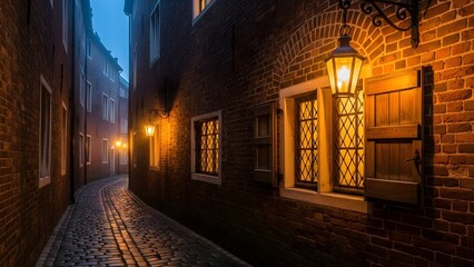 Fototapeta premium Cobblestone alleyway at dusk with warm lantern lighting and historic brick buildings