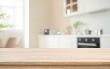 Wooden table top for product display with deeply blurred kitchen corner interior background