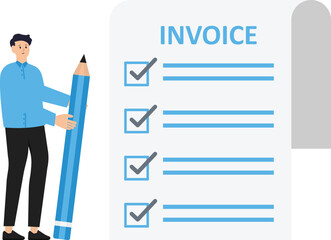 Invoice and bill or total amount to pay for service, charge for price calculation or finance payment system, accounting and quotation and receipt concept, businessman holding magnifier on invoice docu