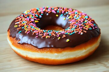 Stylized chocolate-covered donut with glossy glaze and colorful sprinkles creates a charming toy-like confectionery delight.