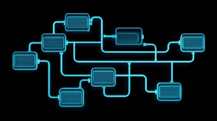 Abstract neon circuit diagram with connections and boxes representing data flow and digital communication in modern technology on a dark background