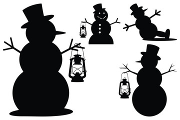 Black silhouette snowmen with top hats and lanterns