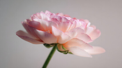 Delicate Pink Ranunculus Flower in Full Bloom Against Soft Gray Background