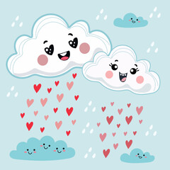Cute smiling clouds raining colorful hearts in playful illustration
