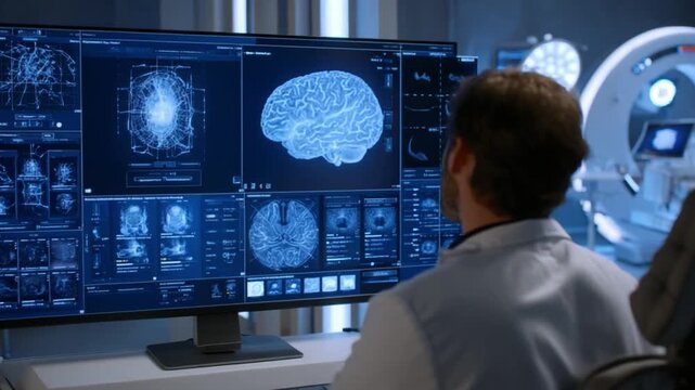 Handsome Male Neural Diagnostics AI Architect Testing Brain-Computer Imaging