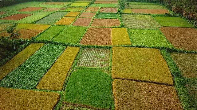 Aerial view of a patchwork of agricultural fields with varying crops and colors.